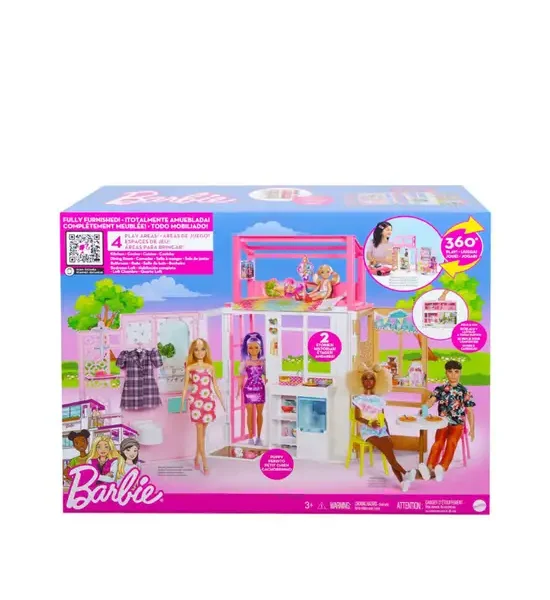 BARBIE Barbie Dollhouse with 2 Levels & 4 Play Areas HCD47 Pink. 100% оригинал
