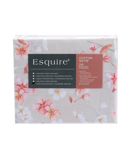 ESQUIRE Fitted Sheet Set COTTON SATIN Printed SAKURA A 3.5 ft 2 pcs (Twin Size) Cream. 100% оригинал