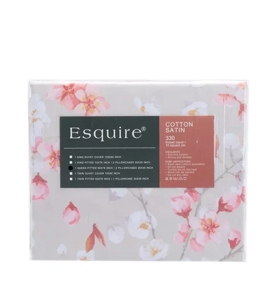 ESQUIRE Fitted Sheet Set COTTON SATIN Printed SAKURA A 3 pcs Cream. 100% оригинал