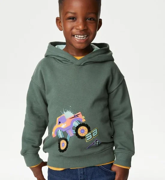 MARKS & SPENCER KIDS Boy Toddler Hoodie Cotton Rich Monster Truck Dark Sage. 100% оригинал