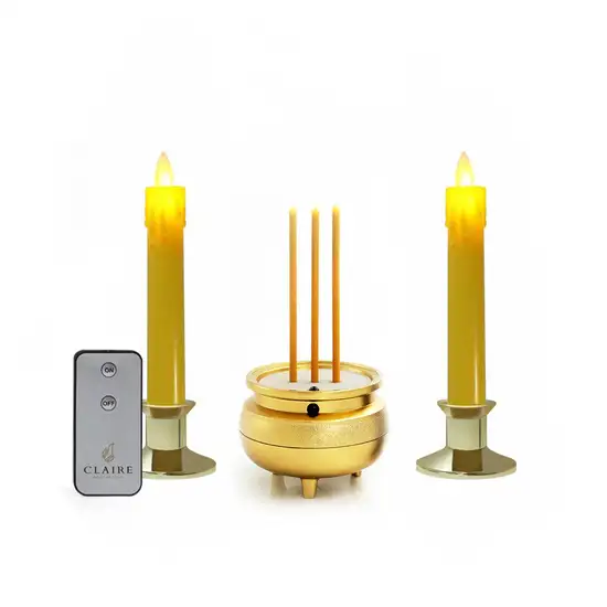 Claire Candle Gold Electric Incense 3LED 15cm. + Yellow Gold LED Taper Candles  18.5cm. with Tears, Remote. 100% оригинал