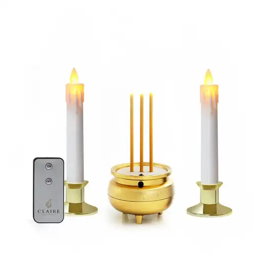Claire Candle Gold Electric Incense 3LED 15cm. + Yellow Gold LED Taper Candles 18.5cm. with Tears, Remote. 100% оригинал