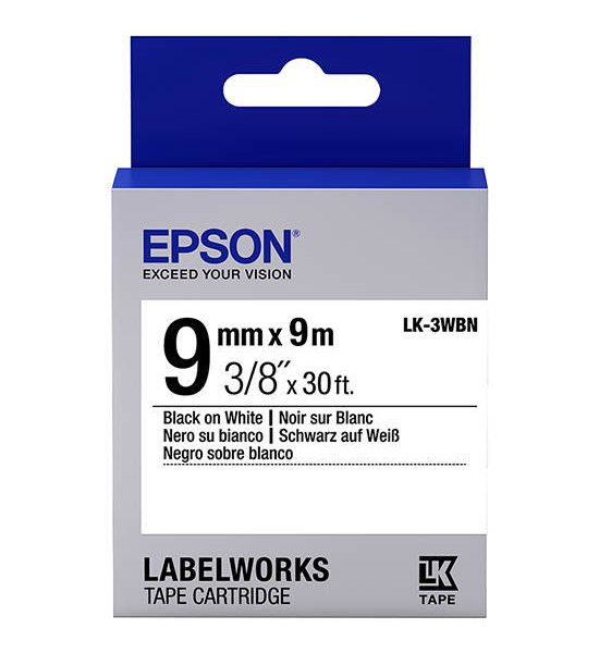 EPSON EPSON เทปพิมพ์อักษร รุ่น LK-3WBN สีดำพื้นเทปขาว ขนาด 9 มม.. 100% оригинал