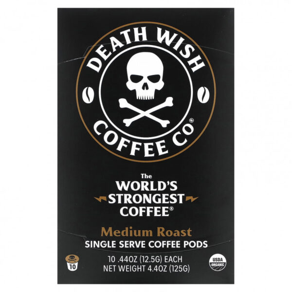 Death Wish Coffee, The World's Strongest Coffee, кофейные капсулы для одной порции, средней обжарки, 10 капсул по 12,5 г (44 унции)