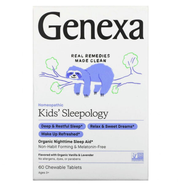 Genexa, Kid's Sleepology, органическая добавка для нормализации ночного сна, вкус ванили и лаванды, для детей от 3 лет, 60 жевательных таблеток