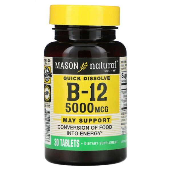 Mason Natural, Витамин B-12, малиновый ароматизатор, 5000 мкг, 30 подъязычных таблеток