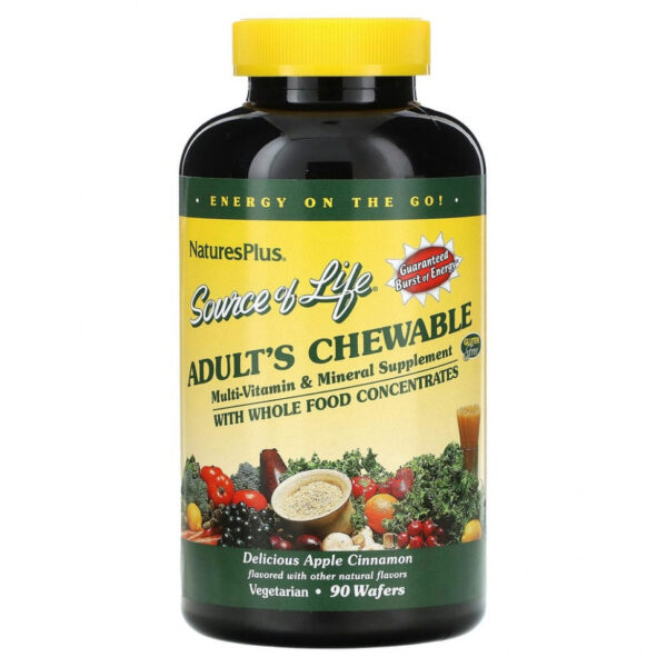 NaturesPlus, Source of Life, жевательная мультивитаминная и минеральная добавка для взрослых, вкусное яблоко и корица, 90 вафель