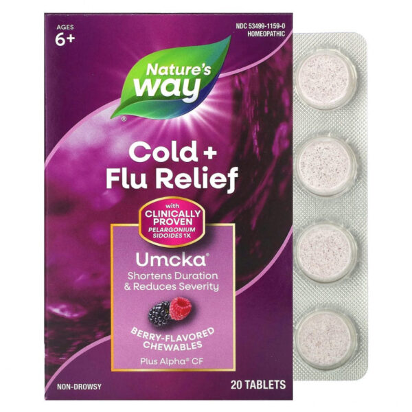 Nature's Way, Umcka, средство от простуды и гриппа, ягодный вкус, 20 жевательных таблеток