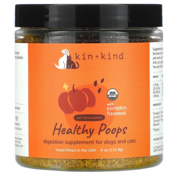 Kin+Kind, Healthy Poops, добавка для здорового пищеварения, с тыквой и семенами льна, для собак и кошек, 1134 г (4 унции)