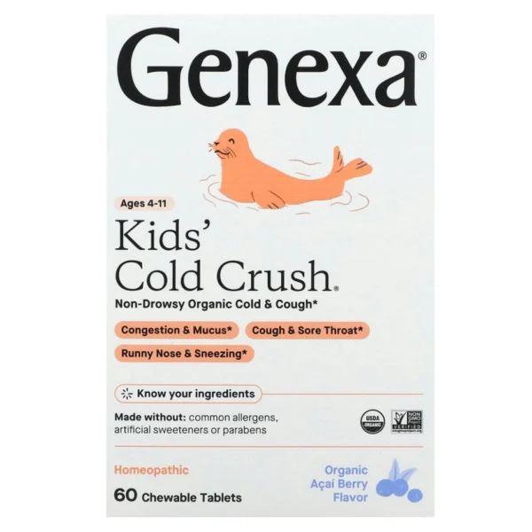 Genexa, Children's Cold Crush, Cold & Cough, Ages 3+, Organic Acai Berry, 60 Chewable Tablets
