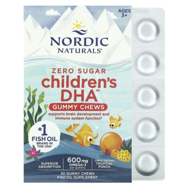 Nordic Naturals, Children's DHA, жевательные таблетки с ДГК, со вкусом тропических фруктов, 600 мг, 30 жевательных таблеток