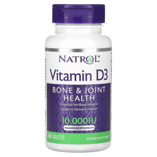 Natrol, витамин D3, здоровье костей и суставов, максимальная сила действия, 10 000 МЕ, 60 таблеток
