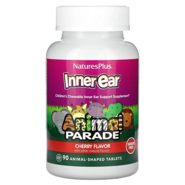 NaturesPlus, Source of Life, Animal Parade, детские жевательные таблетки для поддержания здоровья внутреннего уха, со вкусом натуральной вишни, 90 таблеток в форме животных