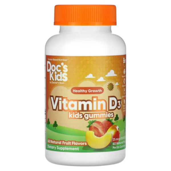 Doctor's Best, Doc's Kids, жевательные таблетки с витамином D3, полностью натуральные фрукты, 25 мкг (1000 МЕ), 60 жевательных таблеток с натуральным фруктовым пектином