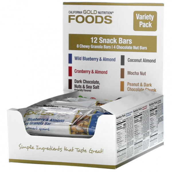 California Gold Nutrition, FOODS, батончики-снеки, ассорти вкусов, 12 батончиков по 40 г (1,4 унции)