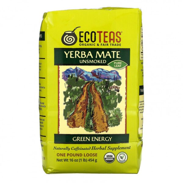 EcoTeas, листовой рассыпной чистый чай йерба мате, некопченный, зеленая энергия, 454 г (16 унций)