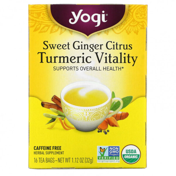 Yogi Tea, Sweet Ginger Citrus Turmeric Vitality, без кофеина, 16 чайных пакетиков, 1,12 унции (32 г)