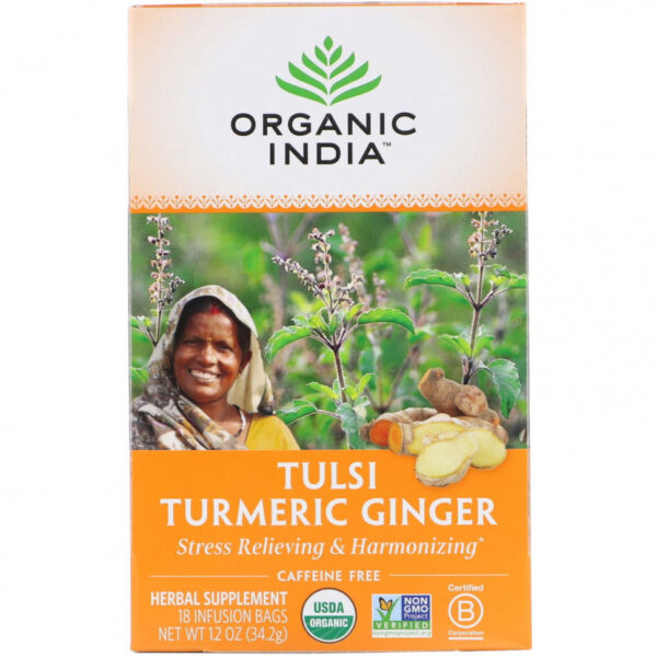 Organic India, чай тулси, куркума и имбирь, без кофеина, 18 чайных пакетиков, 34,2 г (1,2 унции)