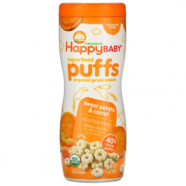Happy Family Organics, Колечки из суперпродуктов, органическая злаковая закуска, сладкий картофель и морковь, 60 г (2,1 унции)