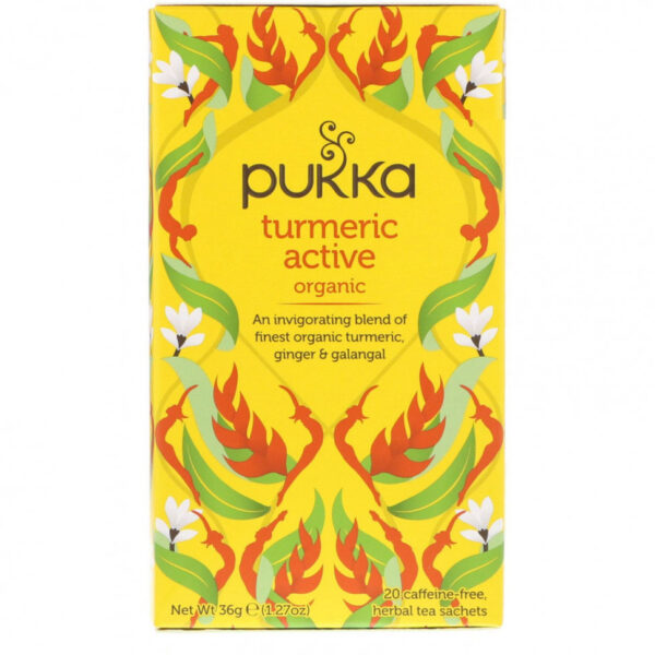 Pukka Herbs, Organic Turmeric Active, без кофеина, 20 пакетиков травяного чая, 36 г (1,27 унции)