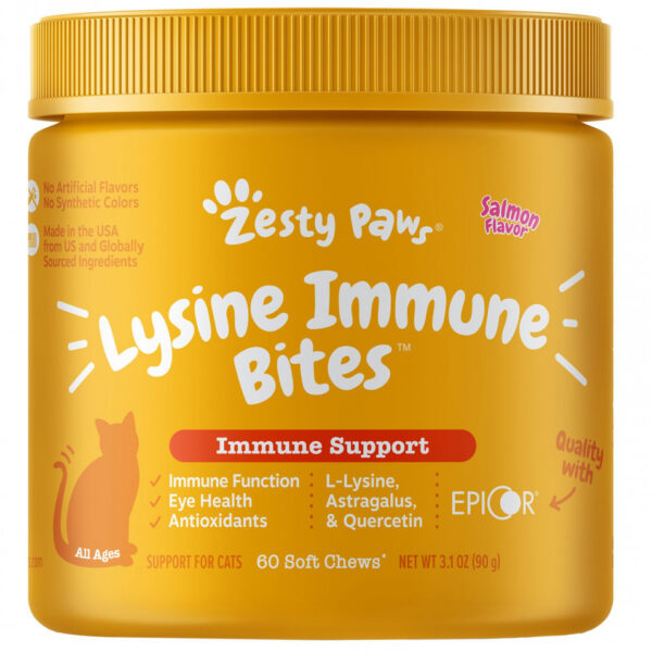 Zesty Paws, Lysine Immune Bites, поддержка иммунитета кошек, для всех возрастов, лосось, 60 жевательных таблеток, 90 г (3,1 унции)