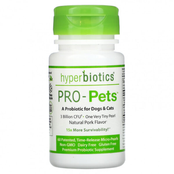 Hyperbiotics, Pro-Pets, пробиотики для собак и кошек, натуральная свинина, 3 млрд КОЕ, запатентовано 60, микро-жемчуг с замедленным высвобождением