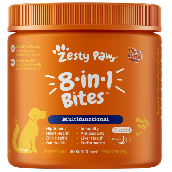 Zesty Paws, многофункциональные таблетки для собак с полезными микроэлементами, 8 в 1, для любого возраста, арахисовое масло, 90 мягких жевательных таблеток