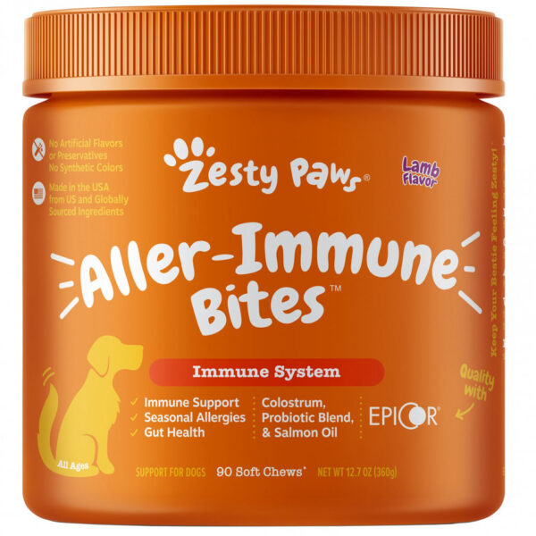 Zesty Paws, Aller-Immune Bites, добавка для собак всех возрастов, со вкусом ягнятины, 90 жевательных таблеток, 360 г (12,7 унции)