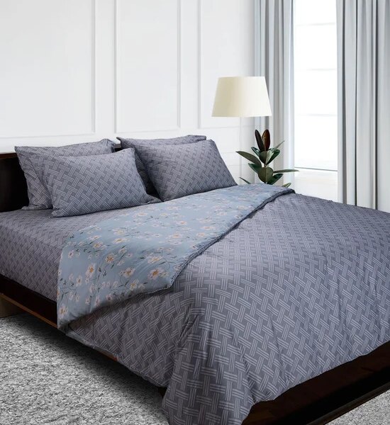 ESQUIRE Printed Cotton Satin Collection Fitted Sheet Set White Roses B Light Blue Оригинал