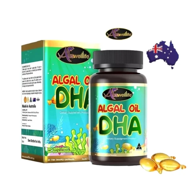 Auswelllife Algal Oil DHA витамины для головного мозга и глаз детям и взрослым, 60 капсул. Австралия