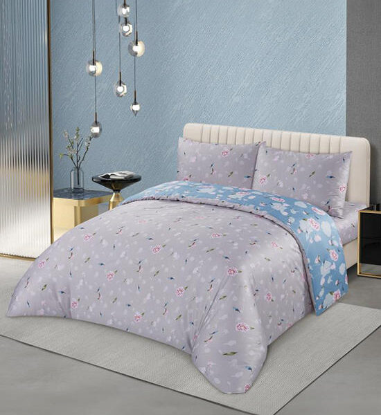 ESQUIRE Fitted Sheet Set Cotton Sateen Collection Rosy B Printed Grey Оригинал