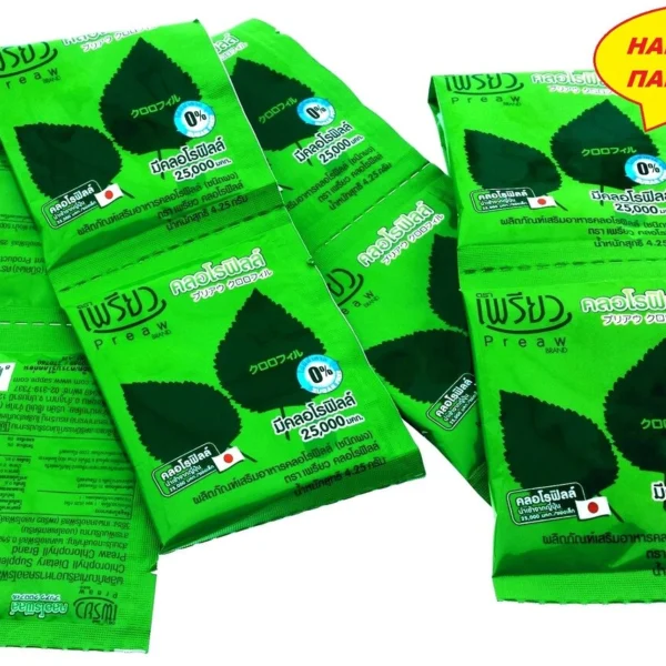 Хлорофилл чистый, растворимый в порошке Preaw. Instant Chlorophyll Dietary Supplement Powder. 48 шт. Таиланд