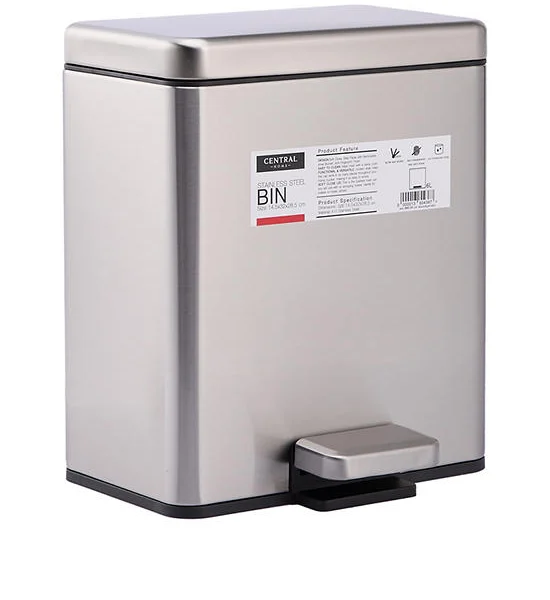 CENTRAL HOME Pedal Trash Can with Soft Close Lid Stainless Steel 6 L Silver Оригинал