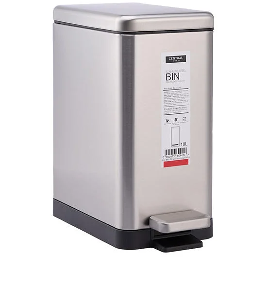CENTRAL HOME Pedal Trash Can with Soft Close Lid Stainless Steel 10 L Silver Оригинал