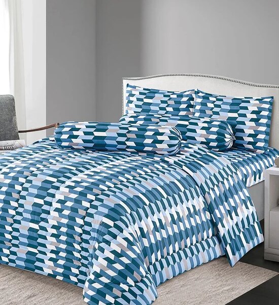 HAVEN Fitted Sheet Set with Comforter PRINTED MICROTECH Collection VECTOR BLUE 6 pcs Blue King Size Оригинал
