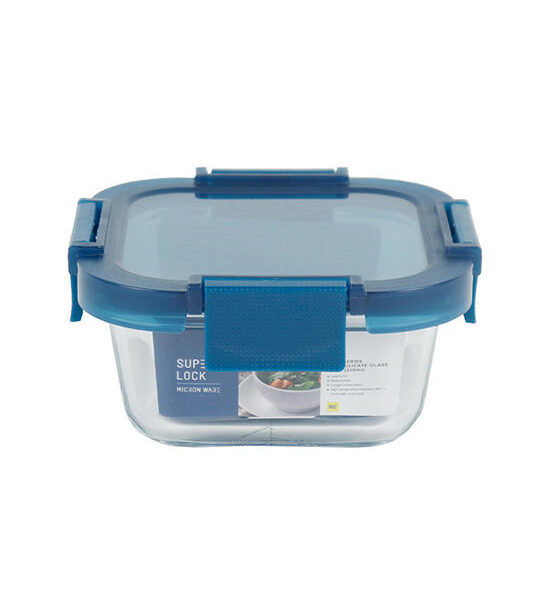 SUPER LOCK Clear - Blue Square Glass Food Container With Lock Lid JCP-6216 Size 12.4x12.4x5.8 CM. Оригинал