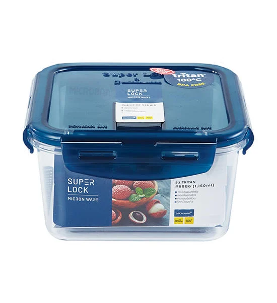 SUPER LOCK White - Blue Square Tritan Food Container With Lock Lid JCP-6886 Size 1150 ML. Оригинал