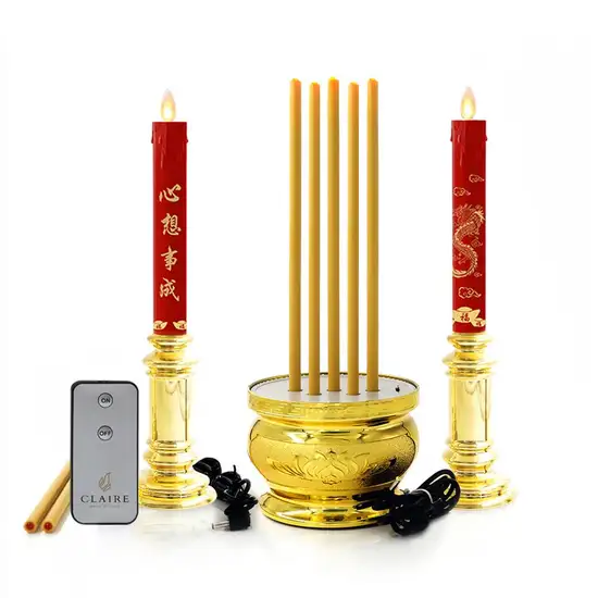 Claire Candle Gold Electronic Rechargeable Incense with Chant 3LED 30cm. + Red Gold LED Taper Candles 30cm. Red DUAL POWER with Remote Оригинал