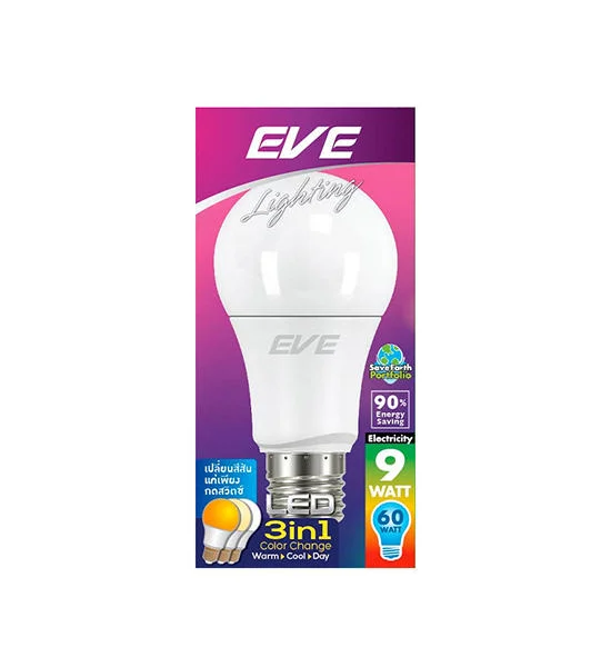 EVE LIGHTING Tri Colour LED Bulb E27 Tri Colour EVE LIGHTING LED A60 3 IN 1 Size 9W Оригинал