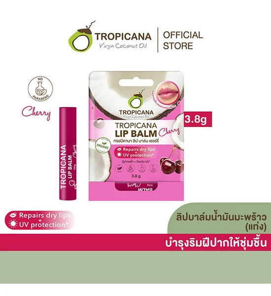 TROPICANA Cold-Pressed Coconut Oil Treatment Lip Balm stick with Cherry 3.8  g Оригинал