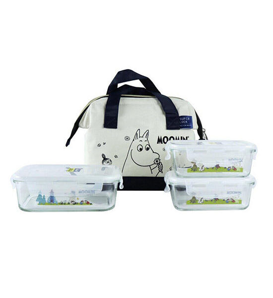 SUPER LOCK Food preservation glass box set with thermos bag Original copyright pattern, Moomin, model 6089-NNN, lunch box set, microwave, 1 piece, blue Оригинал