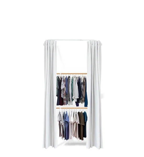 TUGU WOOD CLOTHES RACK WITH 2 BARS AND WHITE VELVET CURTAIN Оригинал