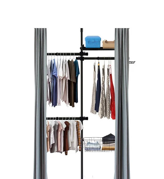 TUGU Hanging rail set, 3 poles, 3 hanging rails, 1 basket, 1 shelf, complete with curtain rail and curtain set, Black(R27B) Оригинал