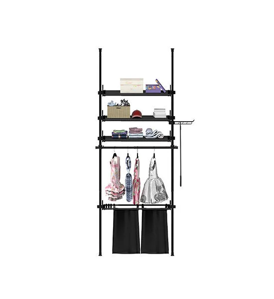 TUGU Set of 2 poles, 1 hanging rail, 3 shelves, set of 2 cloth bags, hanging rails, no drilling required , Black (R63B) Оригинал