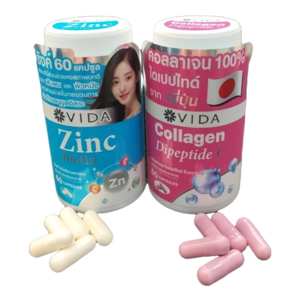 Комплекс для здоровья волос, кожи, ногтей и суставов Vida Collagen Dipeptide и Vida Zinc Biotin. Таиланд