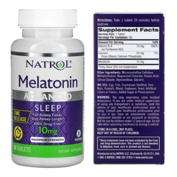 Препарат для нормализации сна Natrol Advanced Melatonin Calm Sleep, 3 mg / 5 mg / 10 mg США МЕЛАТОНИН 10 мг. - 60 КАПСУЛ