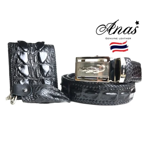 Ремень, Портмоне, Брелок (чёрный набор) из натуральной кожи крокодила Anas Genuine Crocodile Leather, Таиланд