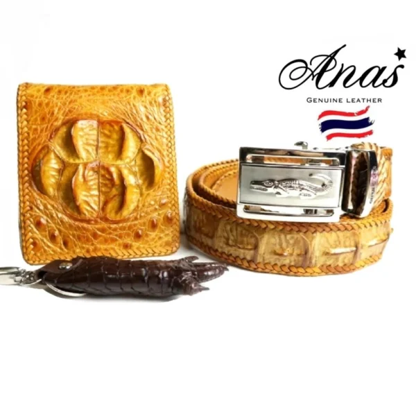 Ремень, Портмоне, Брелок (рыжий набор) из Натуральной Кожи Крокодила Anas Genuine Crocodile Leather, Таиланд