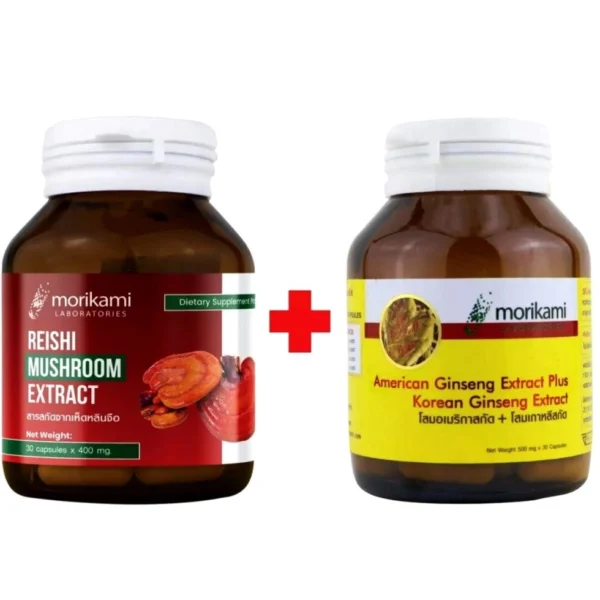 Сет c экстрактом Гриба Рейши и Женьшенем Reishi Mushroom + Ginseng Extract Morikami Laboratories, 30+30 капсул