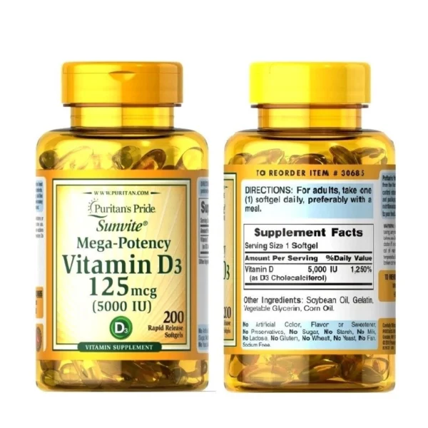 Витамин D3 Puritan's Pride Mega-Potency Vitamin D3 125 mcg (5000 IU), 200 капсул. США